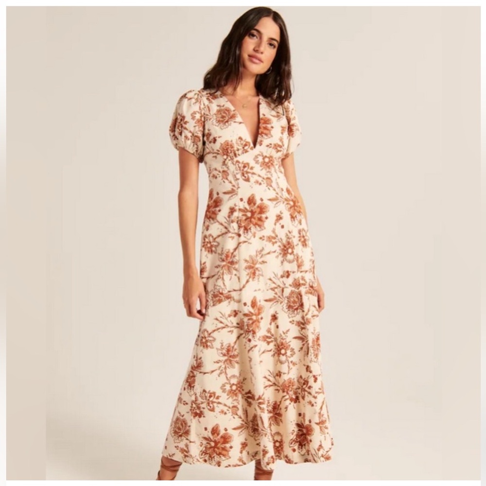 ABERCROMBIE Puff Sleeve Slim Poplin Midi Dress